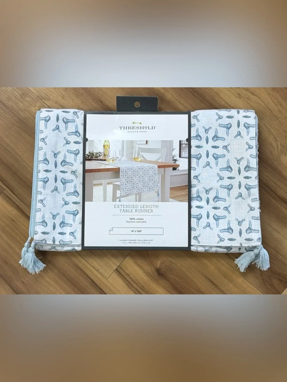 Threshold Light Blue & White Patterned Table Runner with Tassels